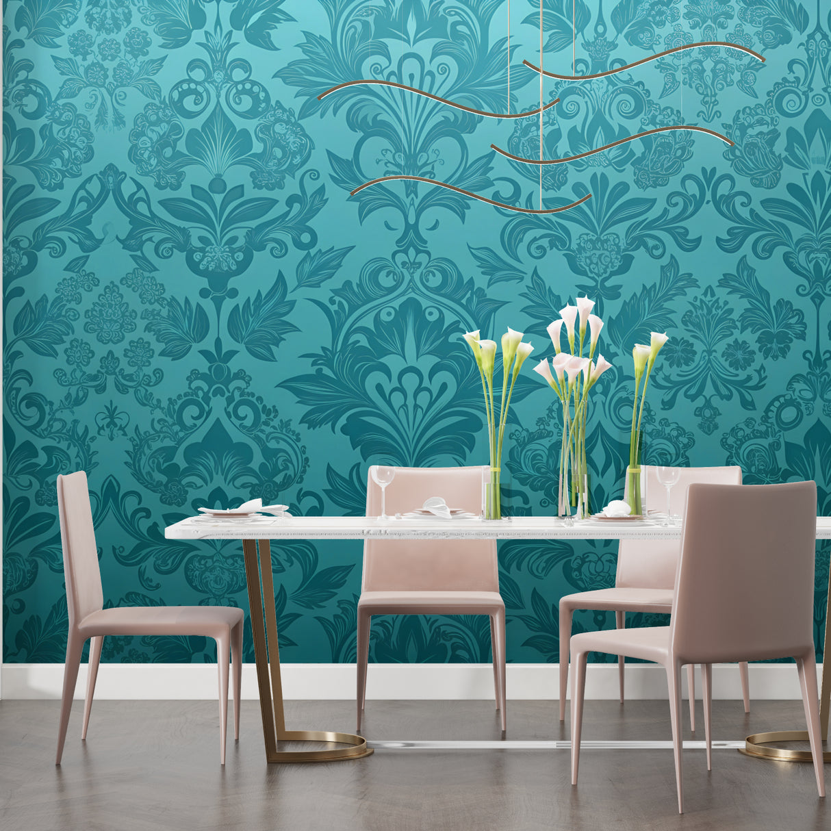 Damask pattern wall mural in teal tones brightening a dining room space