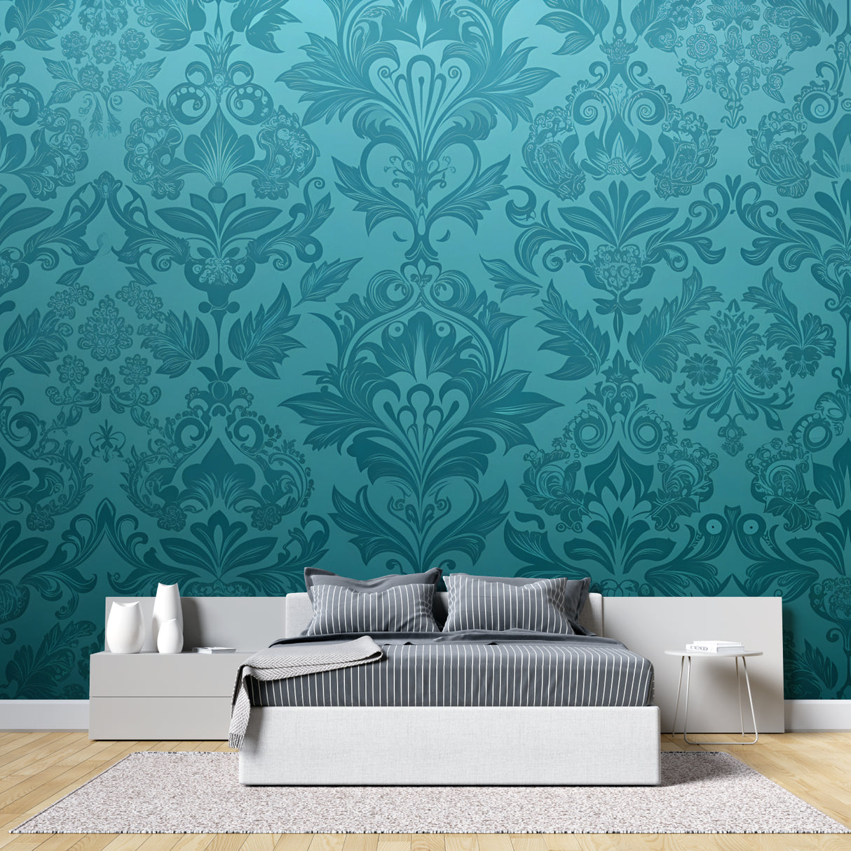 Teal baroque wallpaper design showcased in a home office environment
