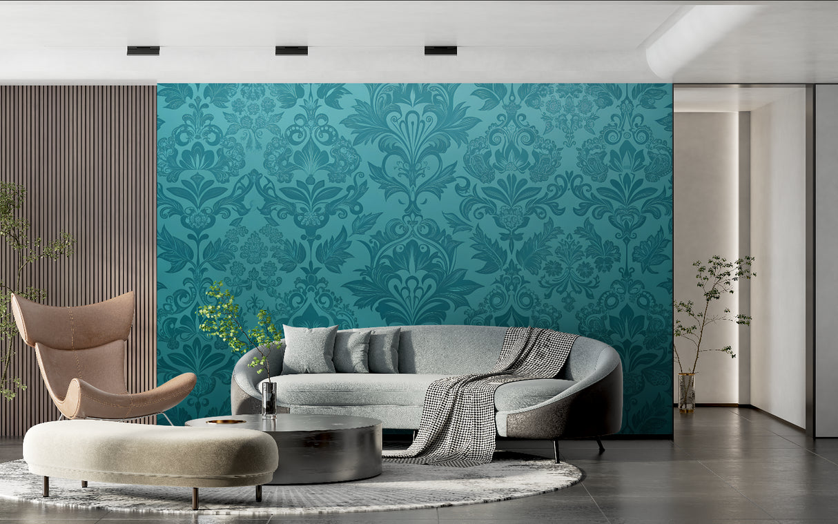 Classic damask mural adding sophistication to an entryway