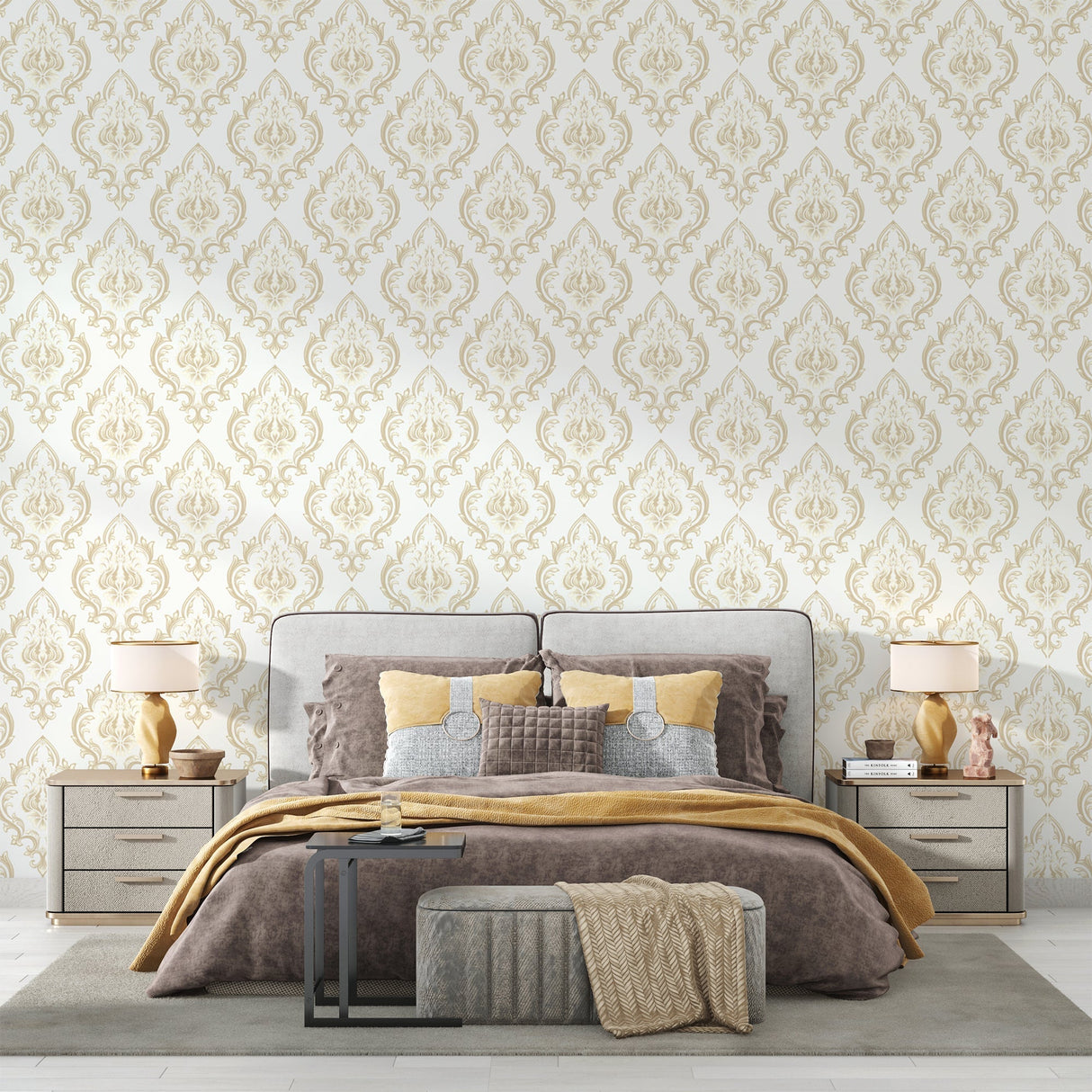 White and gold damask wallpaper in bright master bedroom showing intricate pattern detail