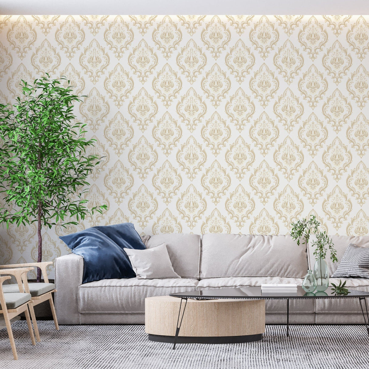 Classic damask pattern wallpaper in luxury home office space