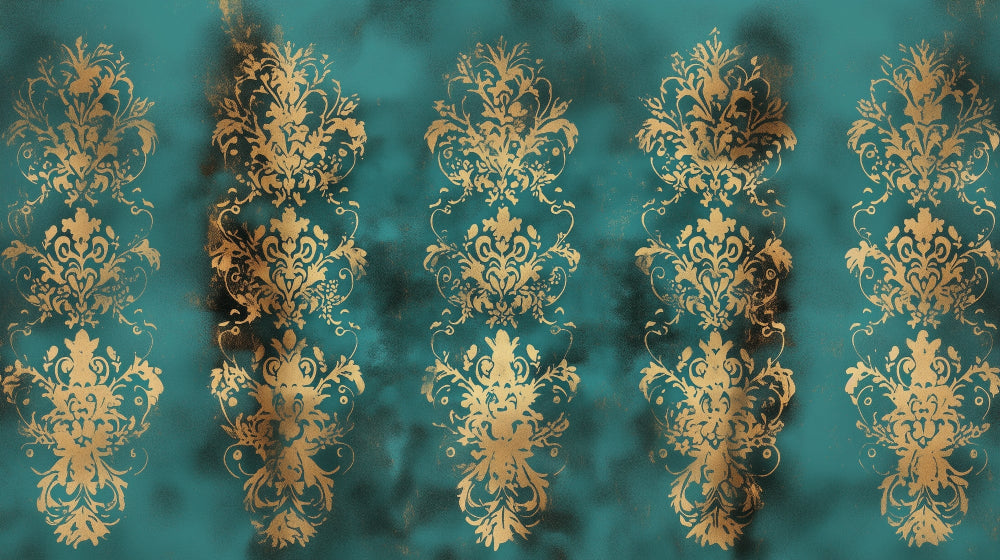 Baroque damask pattern design file showing intricate gold details on turquoise background