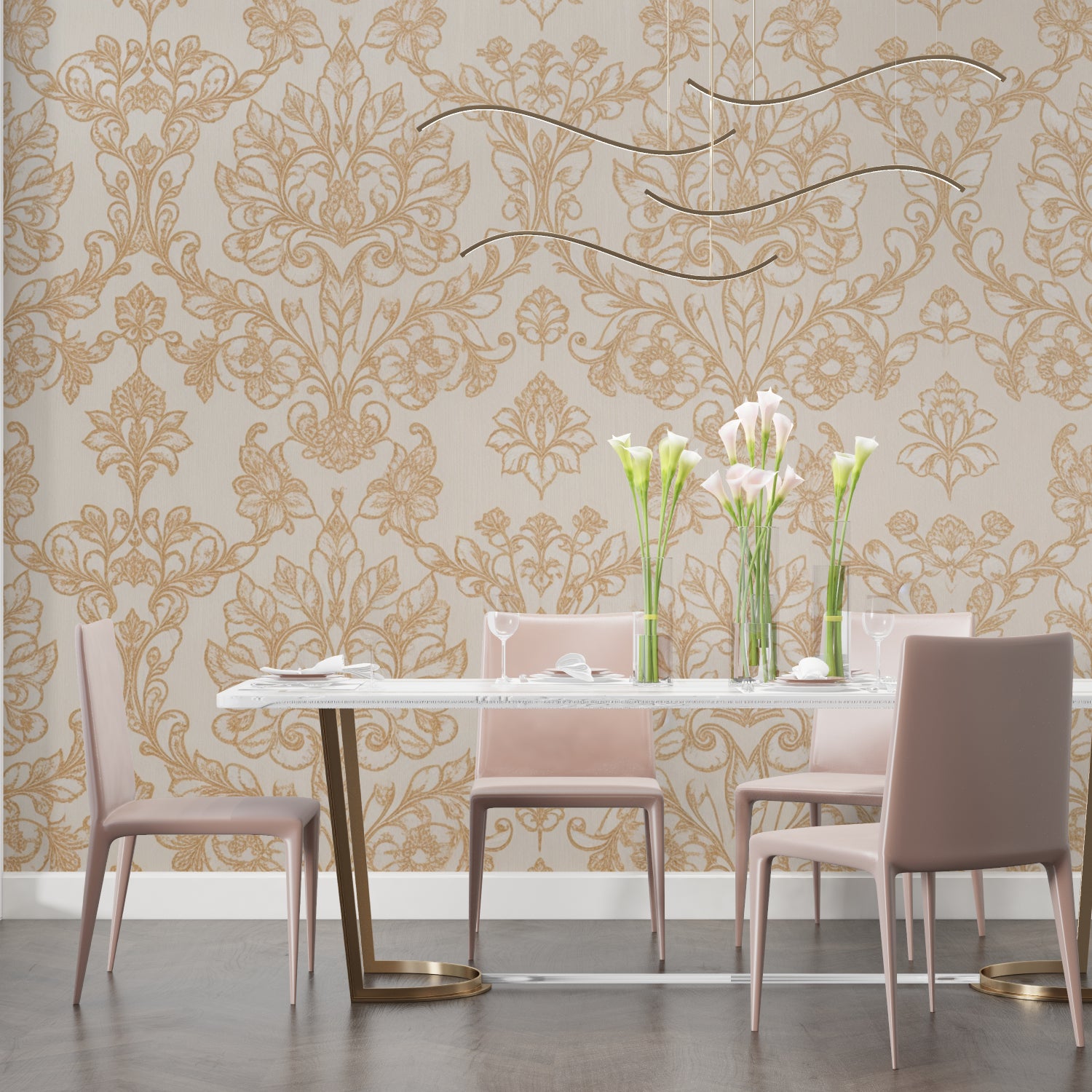 Gold Baroque wallpaper in modern living room with grey sofa and natural light