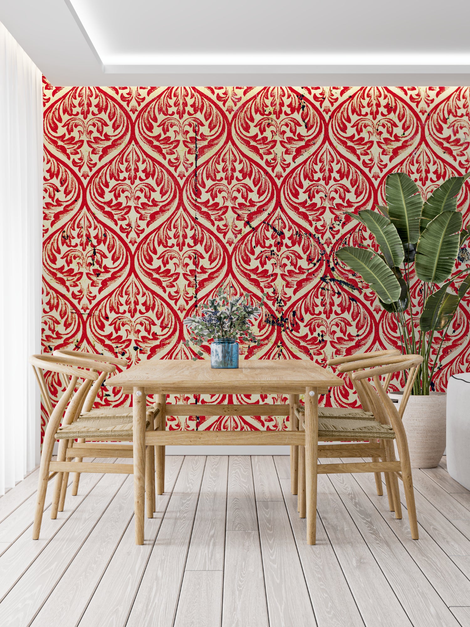 Red and cream damask pattern in contemporary hallway setting
