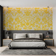 Yellow damask wallpaper in bright modern living room with contemporary furniture