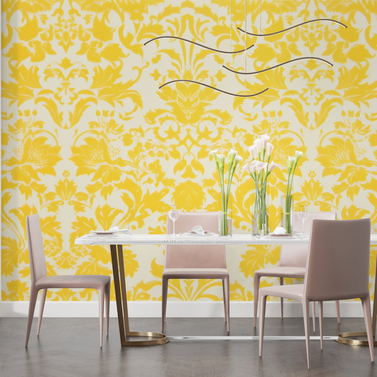 Elegant dining room featuring yellow and white floral damask wall mural