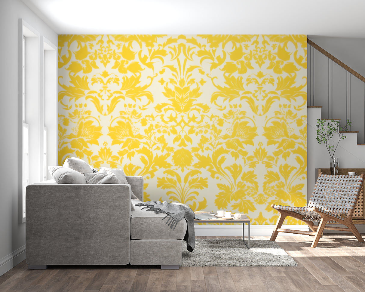 Master bedroom with sunny damask pattern creating warm atmosphere