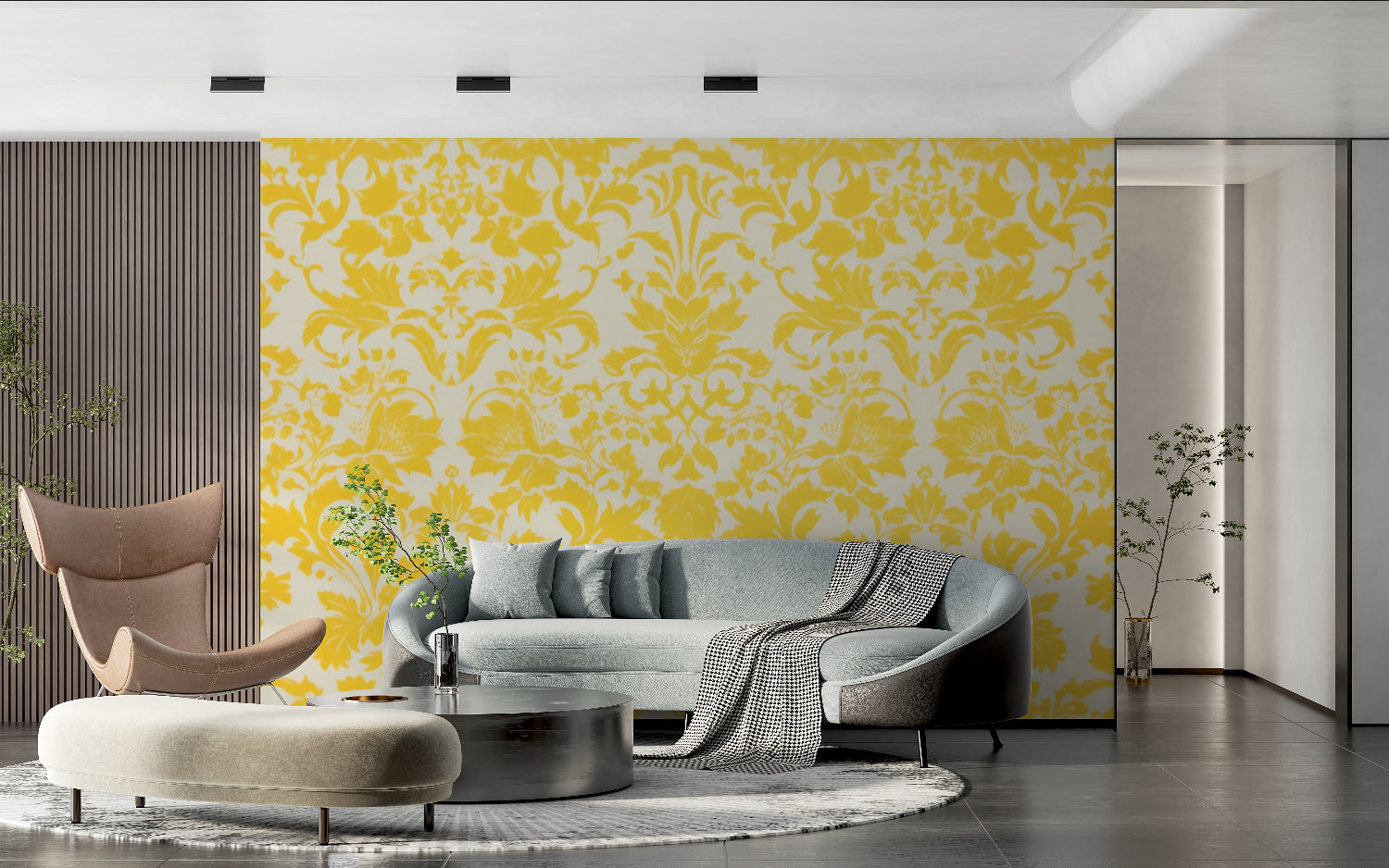 Home office space with yellow floral damask wallpaper adding sophistication