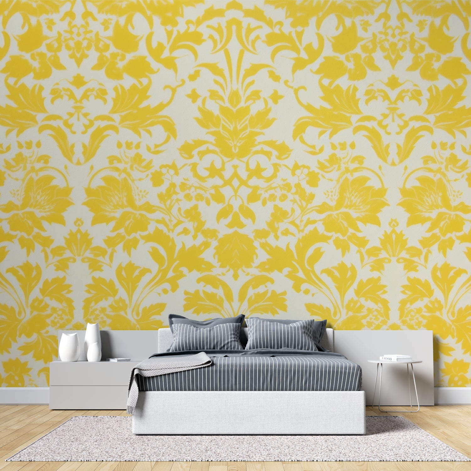 Entryway decorated with bright yellow damask wallpaper making welcoming statement