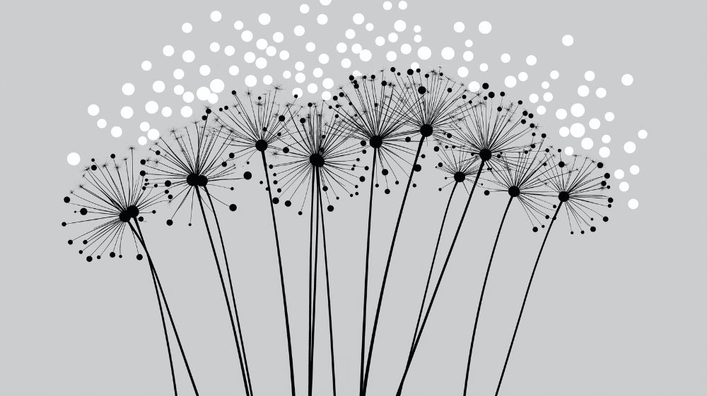 Black and white Dandelion Wallpaper design file showing detailed botanical pattern and floating seeds