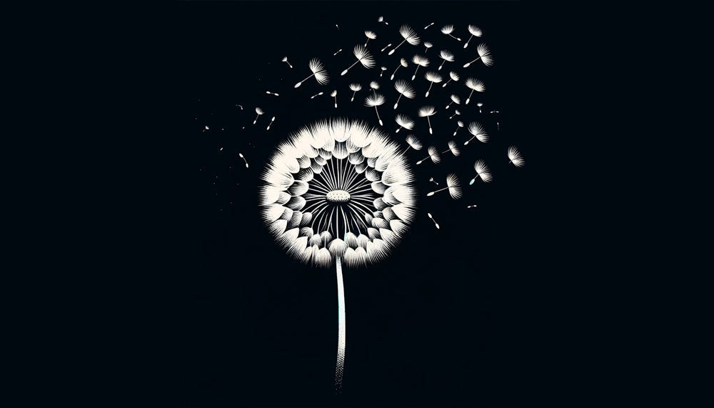 Black and white dandelion wallpaper creating drama in a modern dining room with minimalist furniture