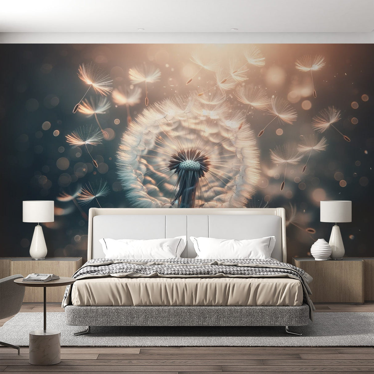 Dandelion wall mural creates a peaceful atmosphere in a modern living room with soft teal and copper accents
