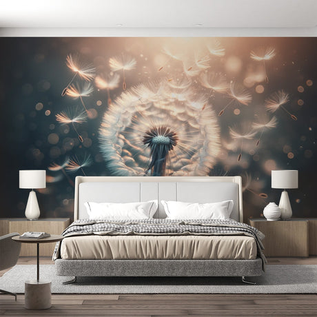 Dandelion wall mural creates a peaceful atmosphere in a modern living room with soft teal and copper accents