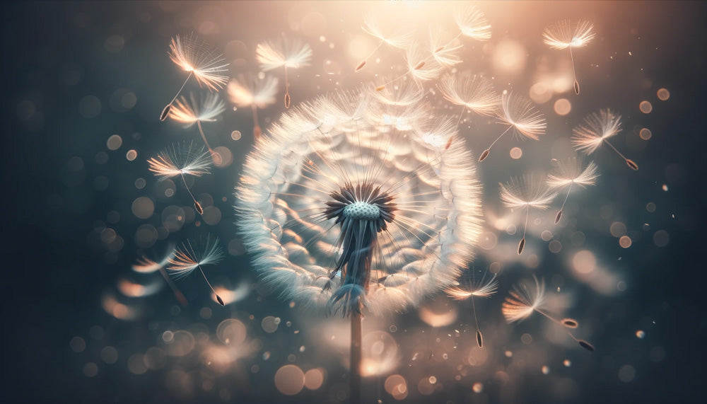 Dandelion macro design file showing detailed seed heads and dreamy bokeh effects