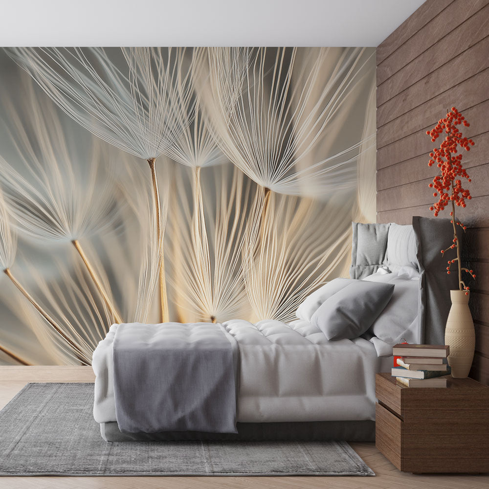 Dandelion seeds wallpaper creating a peaceful atmosphere in a modern living room with natural light