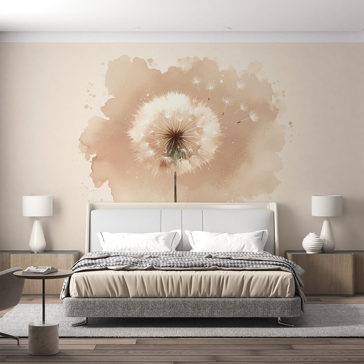 Watercolor Dandelion Wall Mural creating a serene atmosphere in a modern living room with beige and cream decor