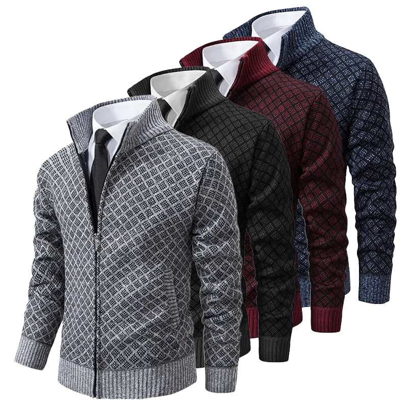 Mens Geometric Zip Sweater  Diamond Pattern Knit Design - Detailed view
