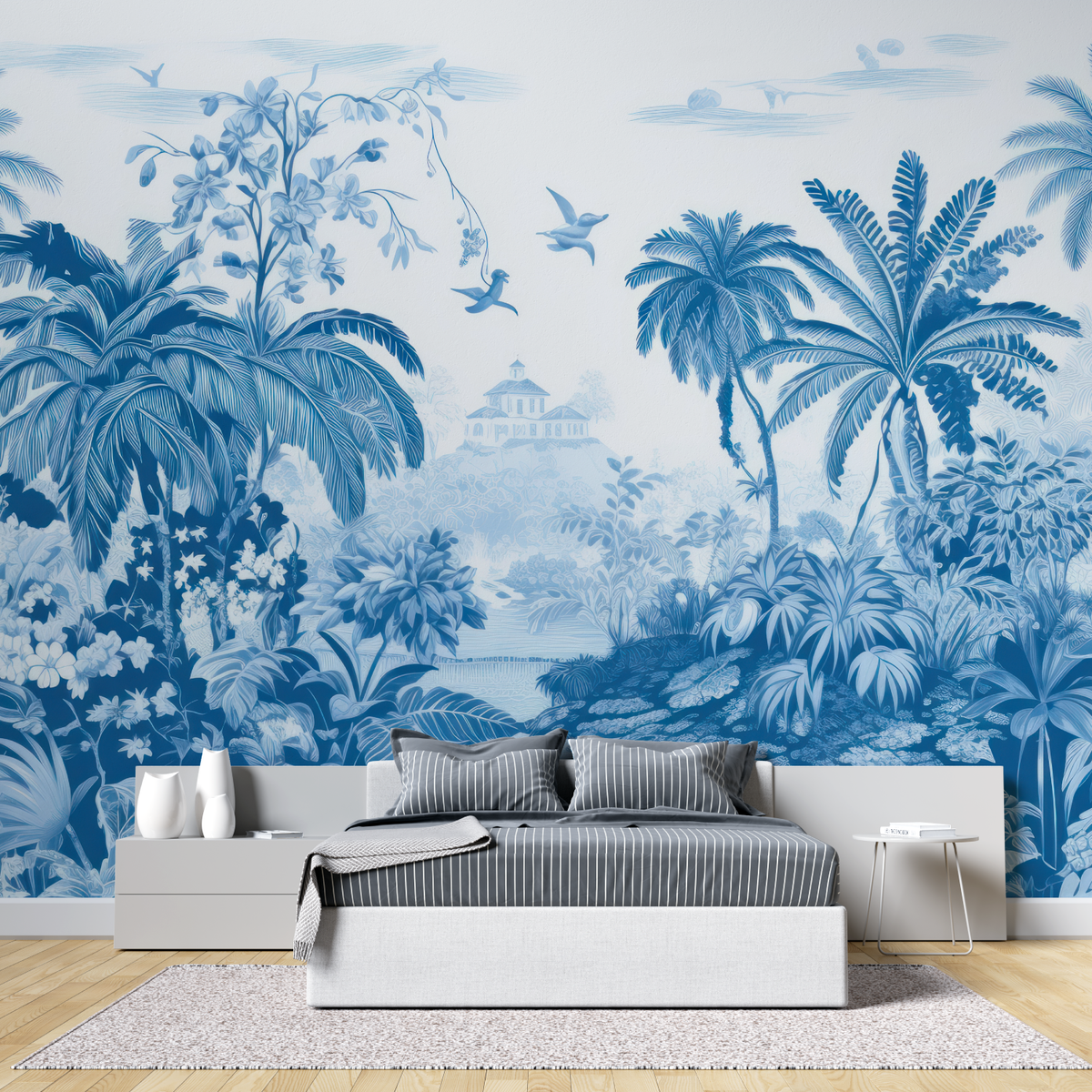 Tropical Mural Wallpaper | Blue Paradise Palm Scene