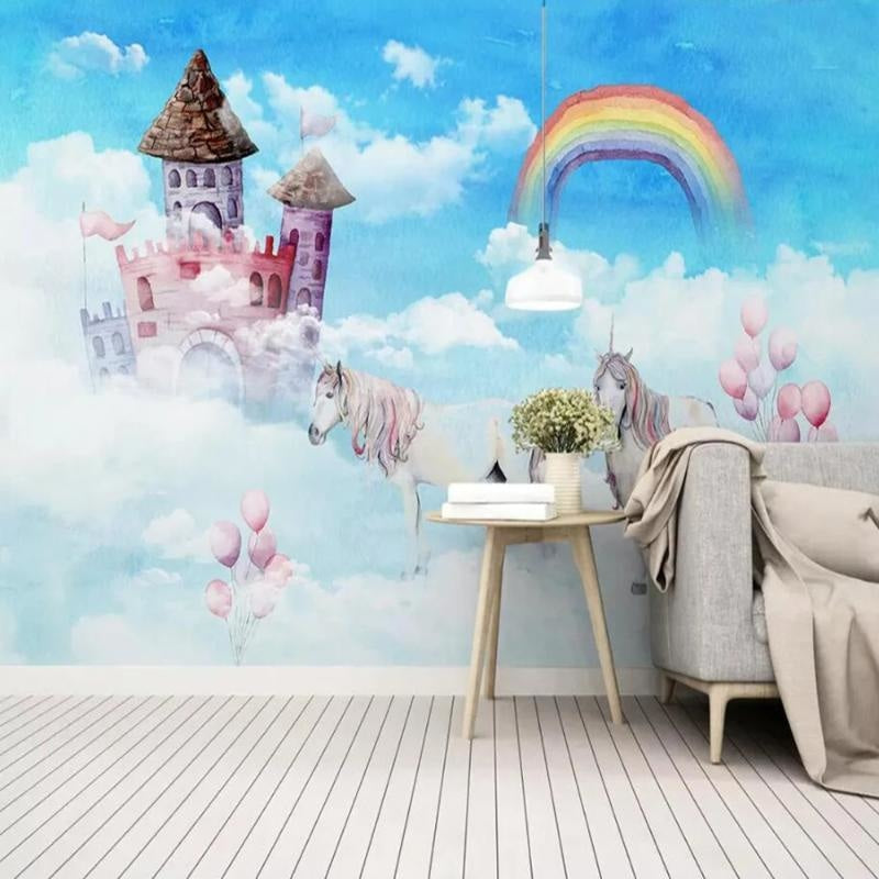 Princess Mural Wallpaper | Magical Castle with Unicorns and Rainbow
