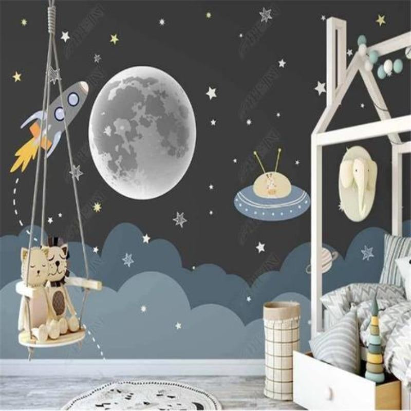 Space Mural Wallpaper | Moonlit Adventure with Rocket and UFO