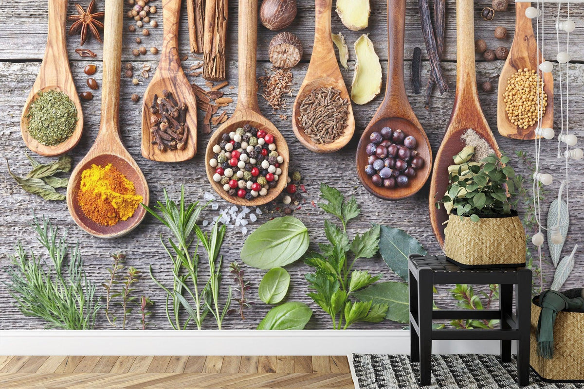 Kitchen Mural Wallpaper | Rustic Spices and Herbs Display