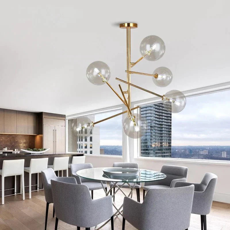 Modern Glass Chandelier Brass Frame With Globe Shades - Detailed view