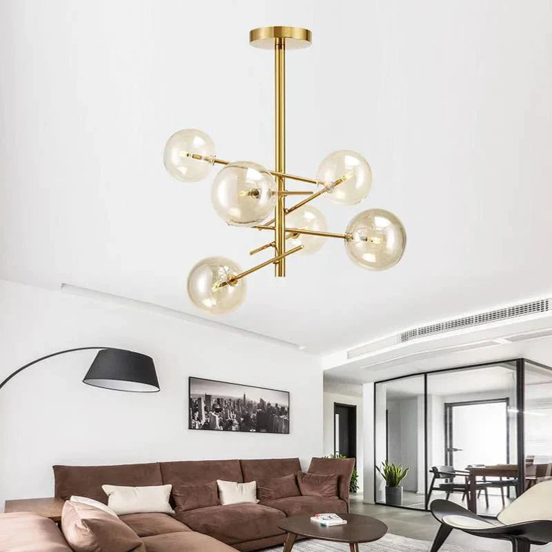 Modern Glass Chandelier Brass Frame With Globe Shades - Product example