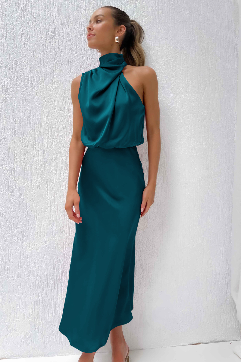 Emerald Evening Dress Draped High-Neck Satin Maxi - Product detail 6