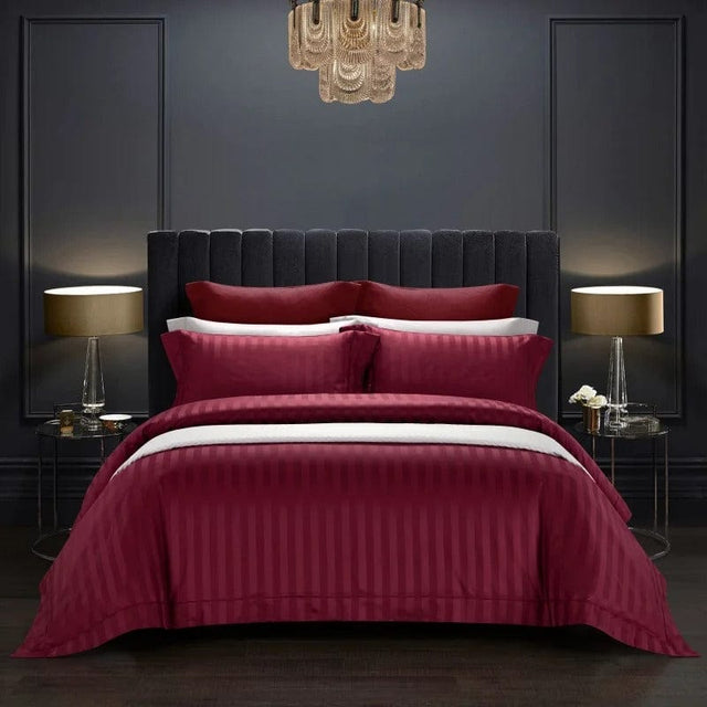 Luxury Egyptian Cotton Duvet Set  Deep Wine Striped Pattern - Product showcase