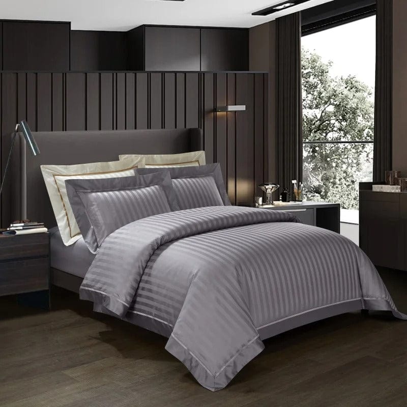 Egyptian Cotton Bedding Set  Striped Gray Luxury Duvet Cover - Detailed view