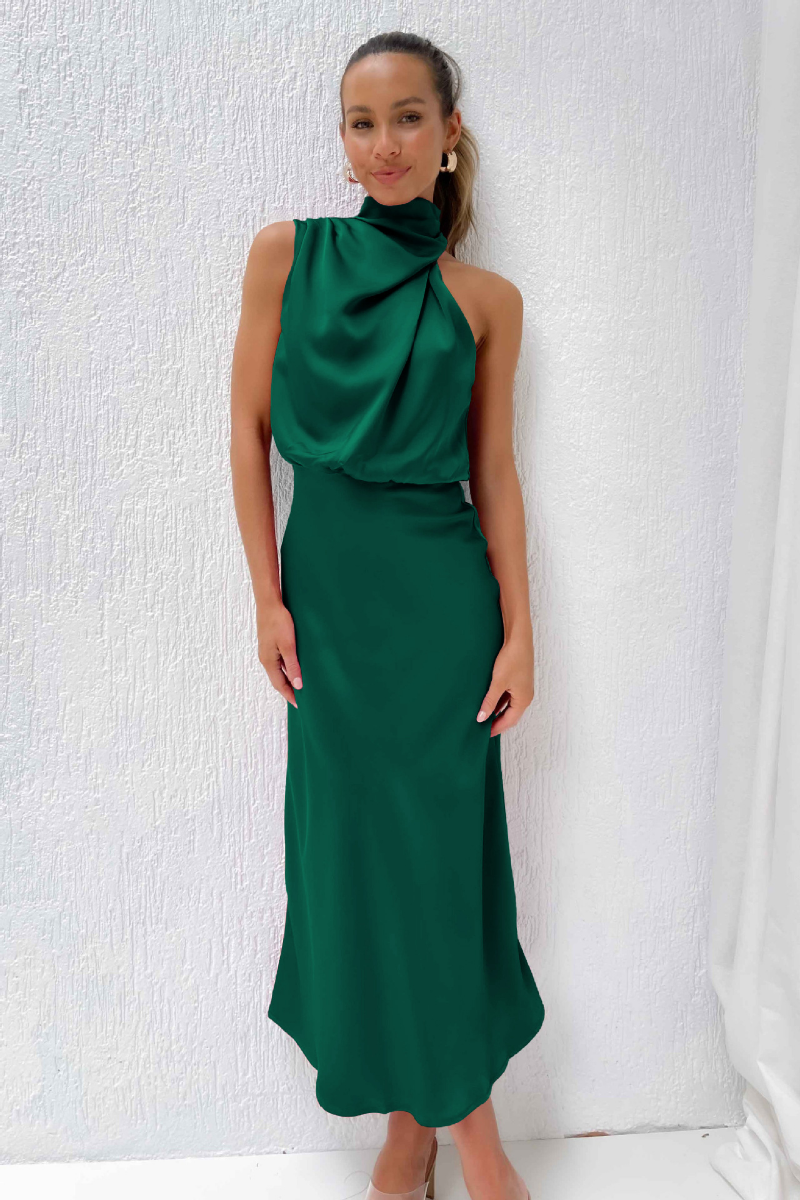 Emerald Evening Dress Draped High-Neck Satin Maxi - Product showcase