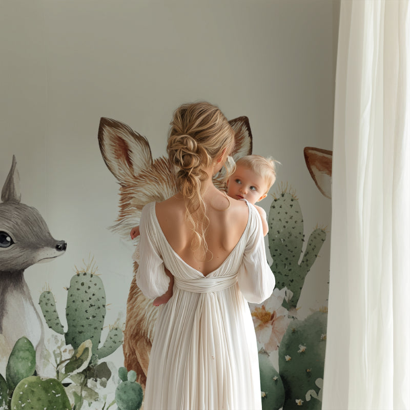 Desert animals wallpaper creating a cozy atmosphere in a modern nursery with natural light
