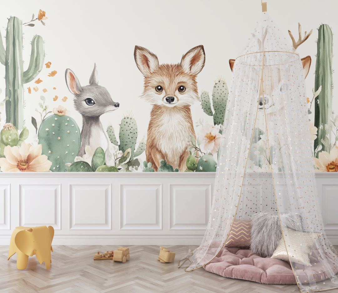 Watercolor fox and deer mural bringing charm to a child's reading nook