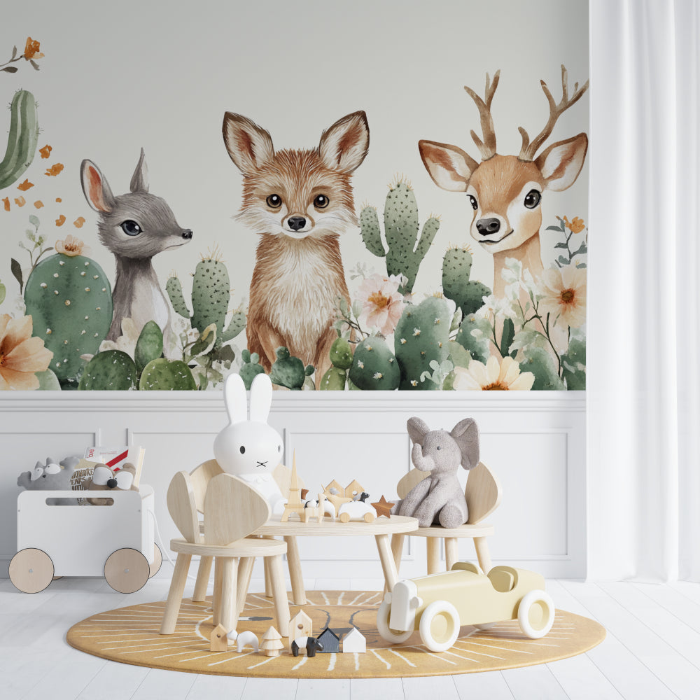 Desert themed wallpaper transforming a playroom with soft desert colors