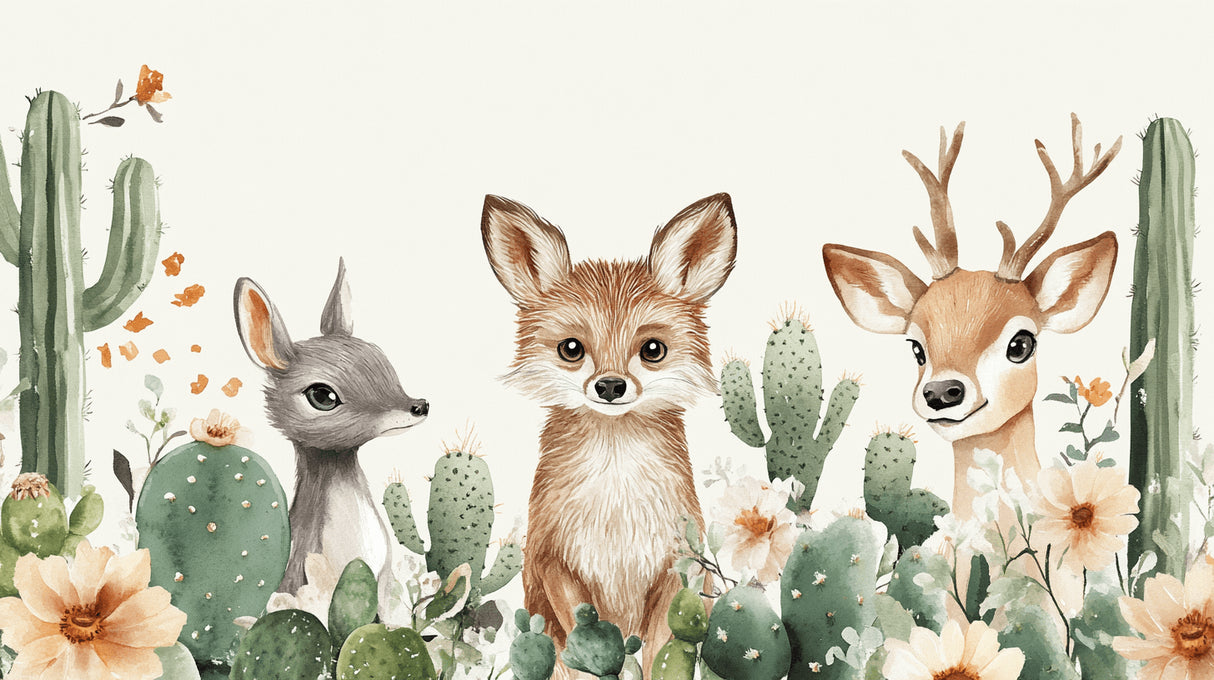 Desert animals design file showing detailed watercolor fox and deer with cactus pattern