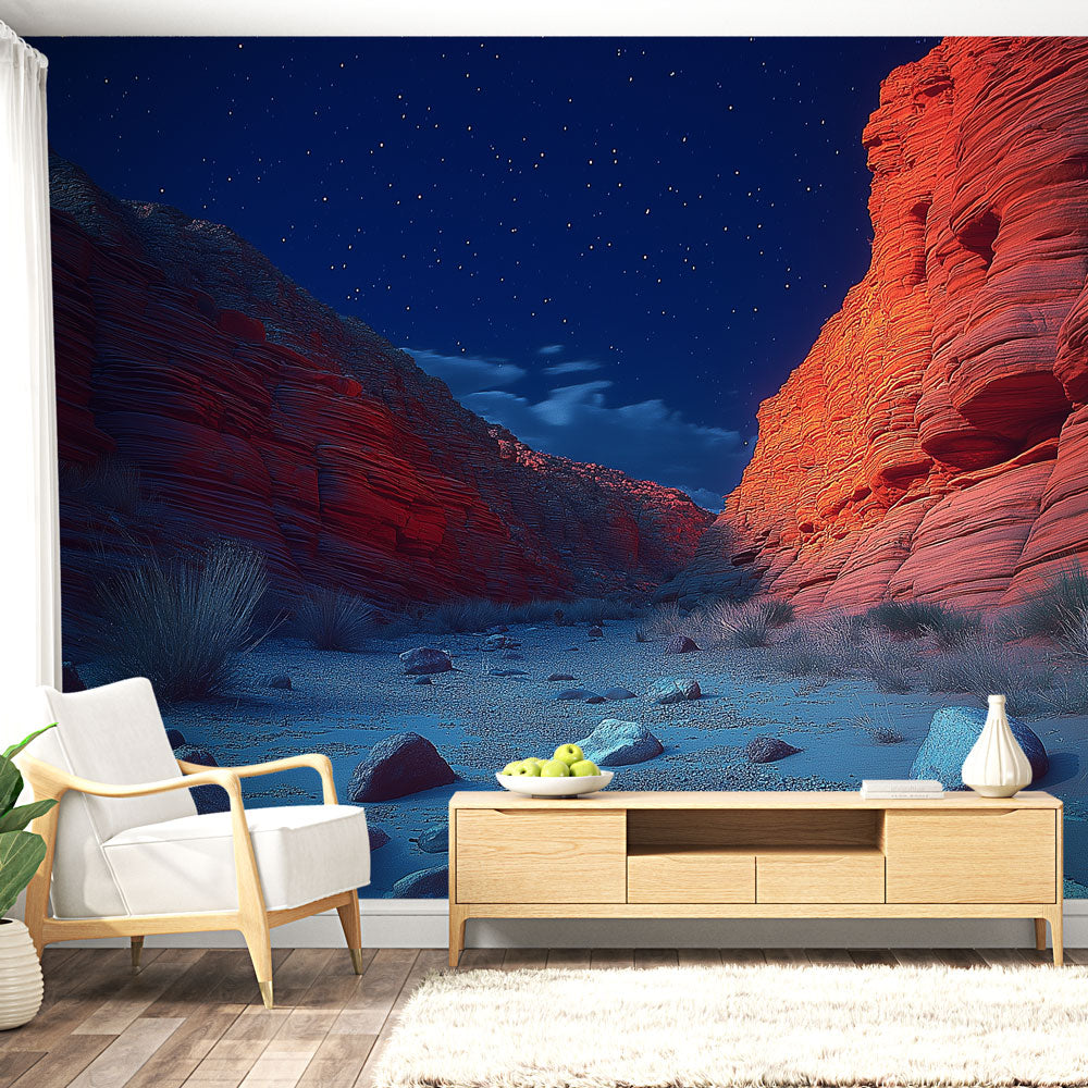 Desert Canyon wallpaper bringing dramatic depth to a modern living room, red rocks glowing against starlit sky