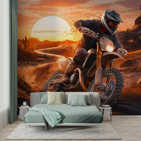 Desert Motocross Wallpaper creating dynamic energy in modern teen bedroom with orange sunset glow