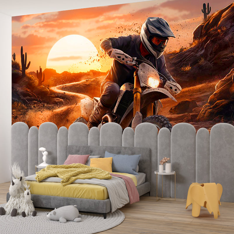 Motocross wall mural bringing adventure feel to spacious game room with desert theme