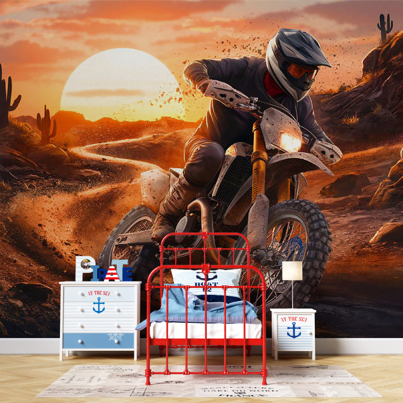 Sports mural wallpaper showcased in home gym with dramatic desert racing scene