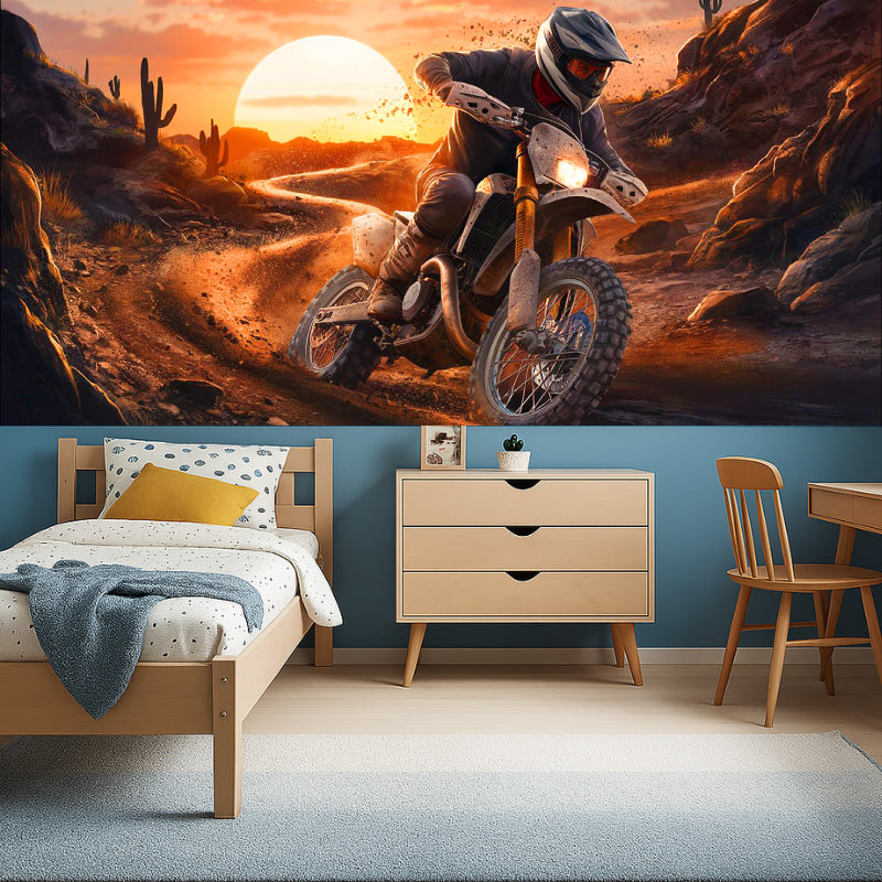 Desert racing wallpaper displayed in man cave with warm sunset colors