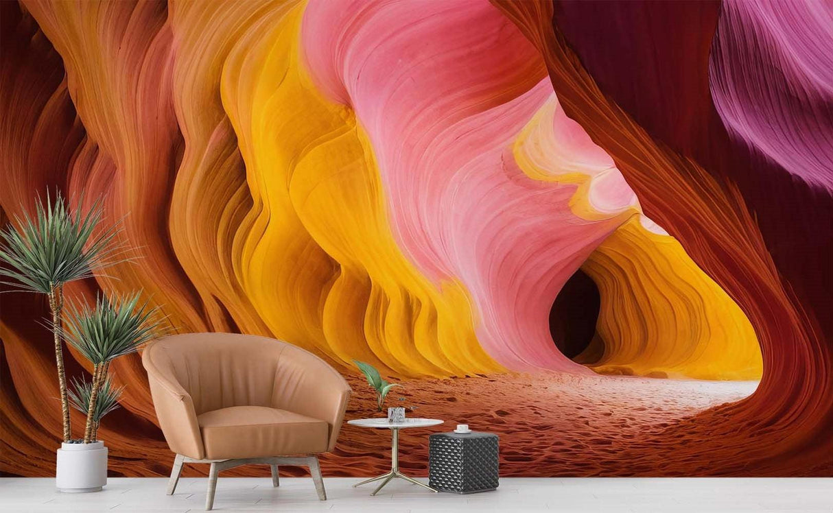 Desert canyon mural wallpaper in modern living room, pink and gold waves creating depth against neutral furniture