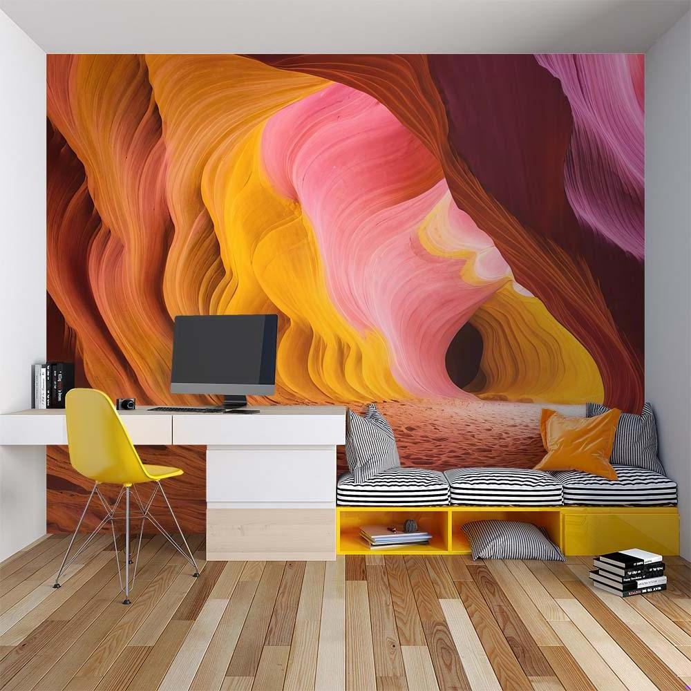 Desert waves mural in home office, golden tones creating warm productive environment