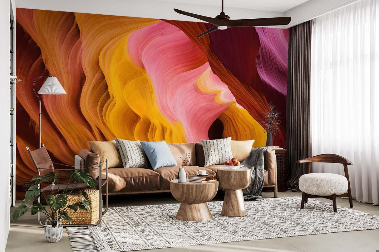 Canyon wallpaper feature wall in dining room, pink and gold tones complementing wood furniture