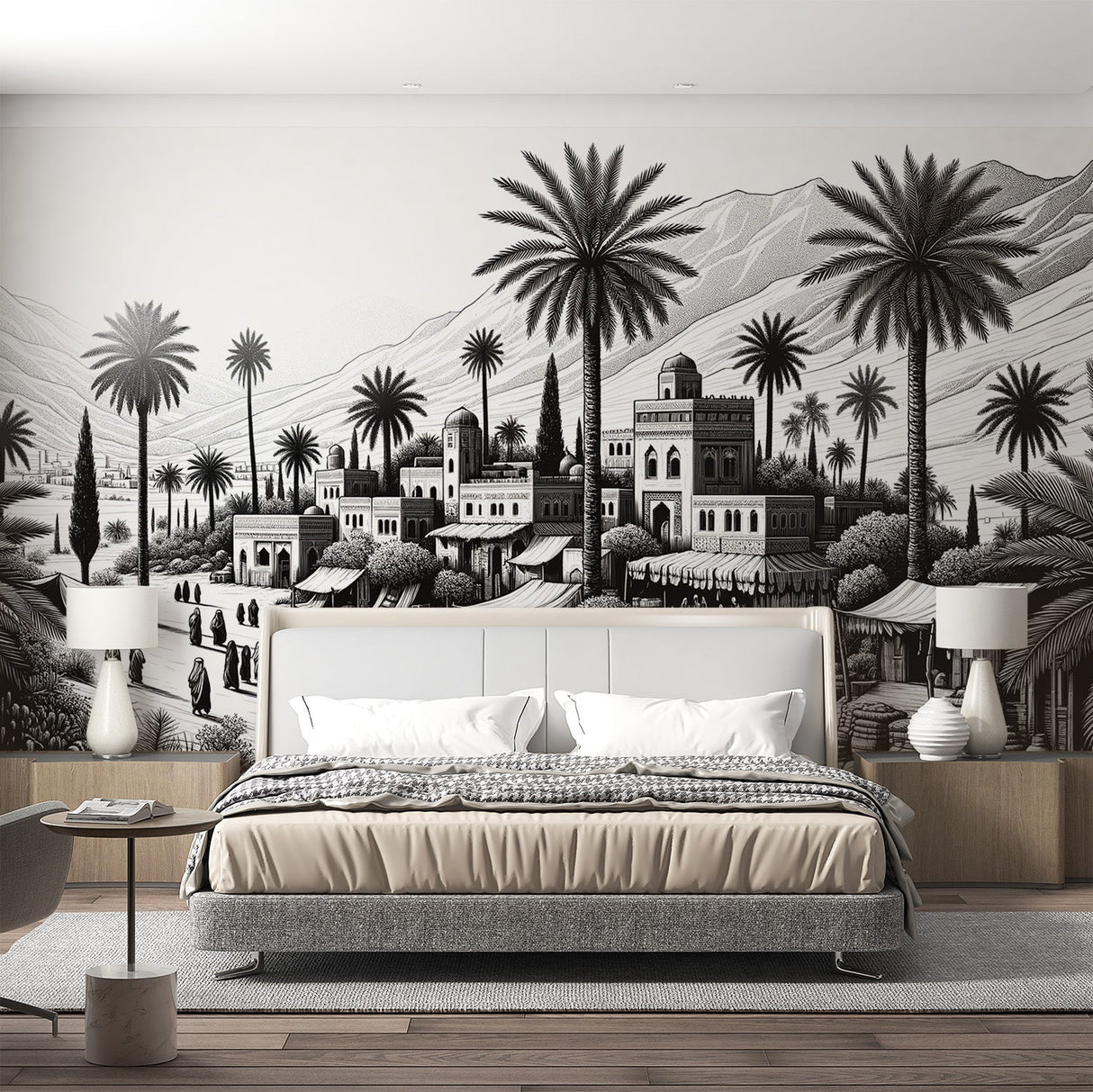 Black and white Mediterranean desert mural wallpaper creating depth in a modern living room with minimalist furniture