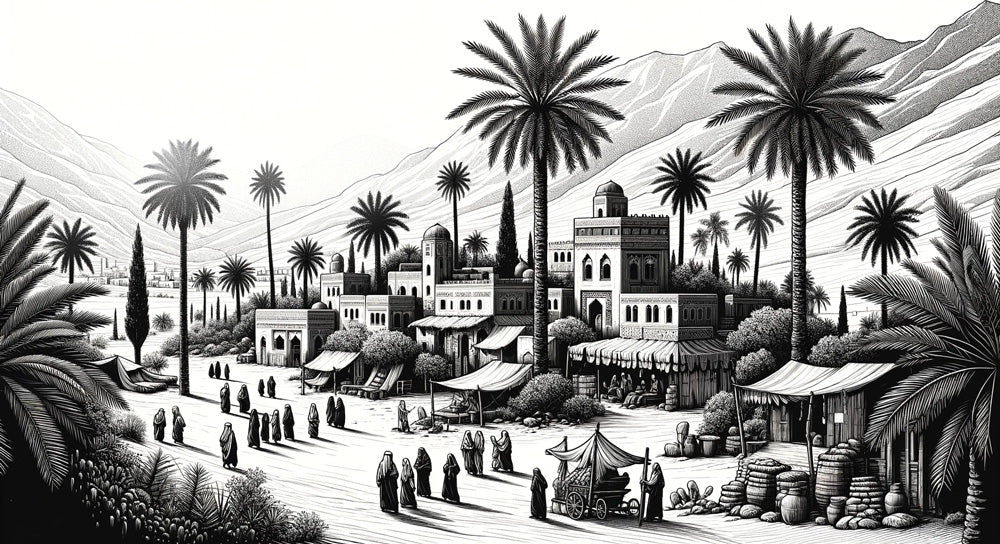 Mediterranean desert wallpaper design file showing detailed palm trees and architectural elements in monochrome