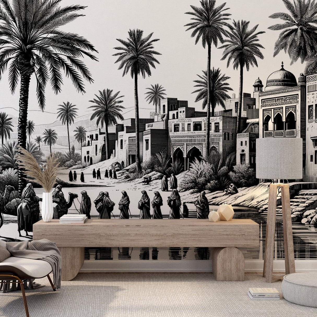 Desert oasis wallpaper with black and white palm trees creating a dramatic backdrop in a modern living room setting