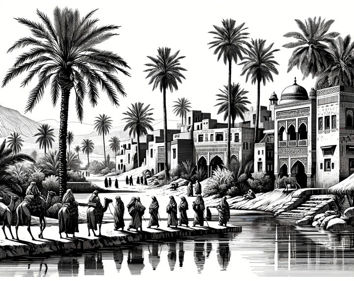 Black and white desert landscape design file showing intricate oriental architecture and palm trees pattern