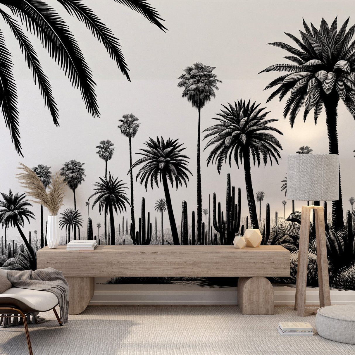Black and white desert wallpaper mural displayed in a modern minimalist living room, creating dramatic contrast