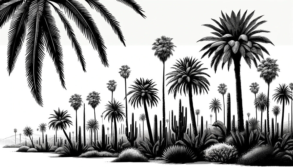 Desert palm trees and cacti wallpaper design file showing intricate black and white botanical pattern