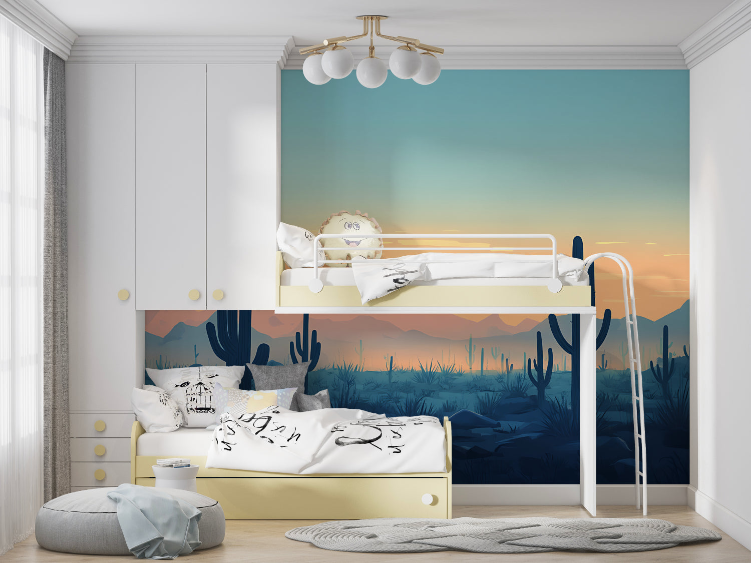 Cactus sunset mural transforming a bedroom into a peaceful desert retreat
